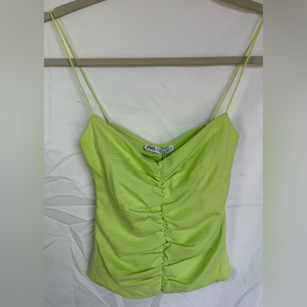 Zara Lime Green Ruched Cami Crop Top NWT Spaghetti Strap Size S